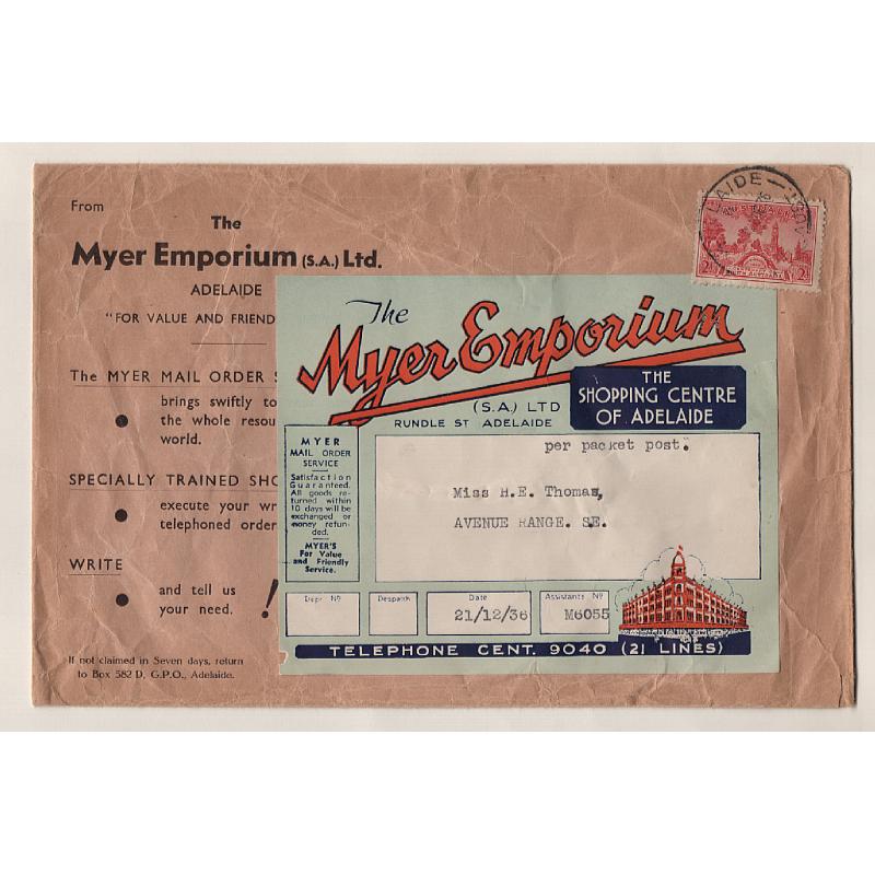 (GG151207L) AUSTRALIA · 1936: large envelope (225x150mm) with attractive THE MYER EMPORIUM (Adelaide) label mailed at the 2d Packet Post rate · any imperfections are quite minor