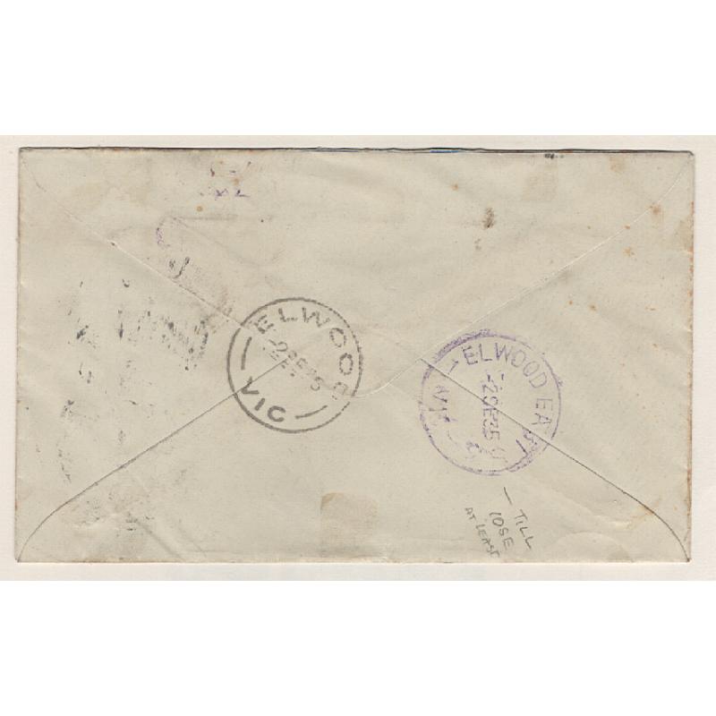 (GG15126) VICTORIA · 1935 (Sep 2nd): registered cover endorsed "First Day New P.O." mailed at ELWOOD EAST · cds in purple front/back (rated RR) and provisional label