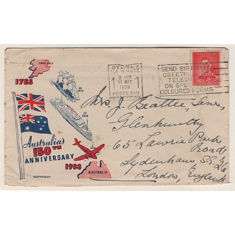 (GG15137) AUSTRALIA · 1938: "Australia's 150th Anniversary" cover mailed to London with single Die I 2d KGVI franking · arrival b/s · any imperfections are quite minor