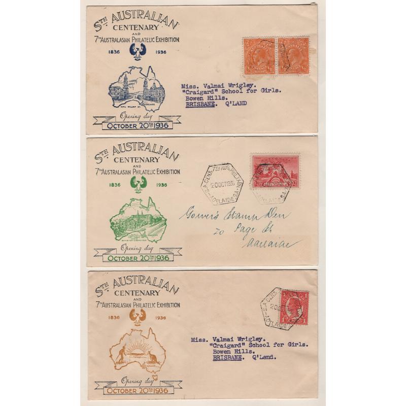 (GG15167) AUSTRALIA · 1936: 3 covers by Gower w/cachet in blue, green or ochre mailed from the STH AUSTRALIAN CENTENARY 7th AUSTRALASIAN PHILATELIC EXHIBITION  · all postally used with strikes of the special postmark · excellent to fine condition (3)