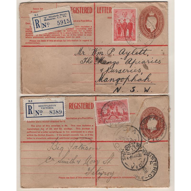 (GG11170) AUSTRALIA · 1936/40: 5d KGV & 5½d KGVI registered letter envelopes both uprated with contemporary 2d commems · 1936 cover has been opened on 3 sides (2)