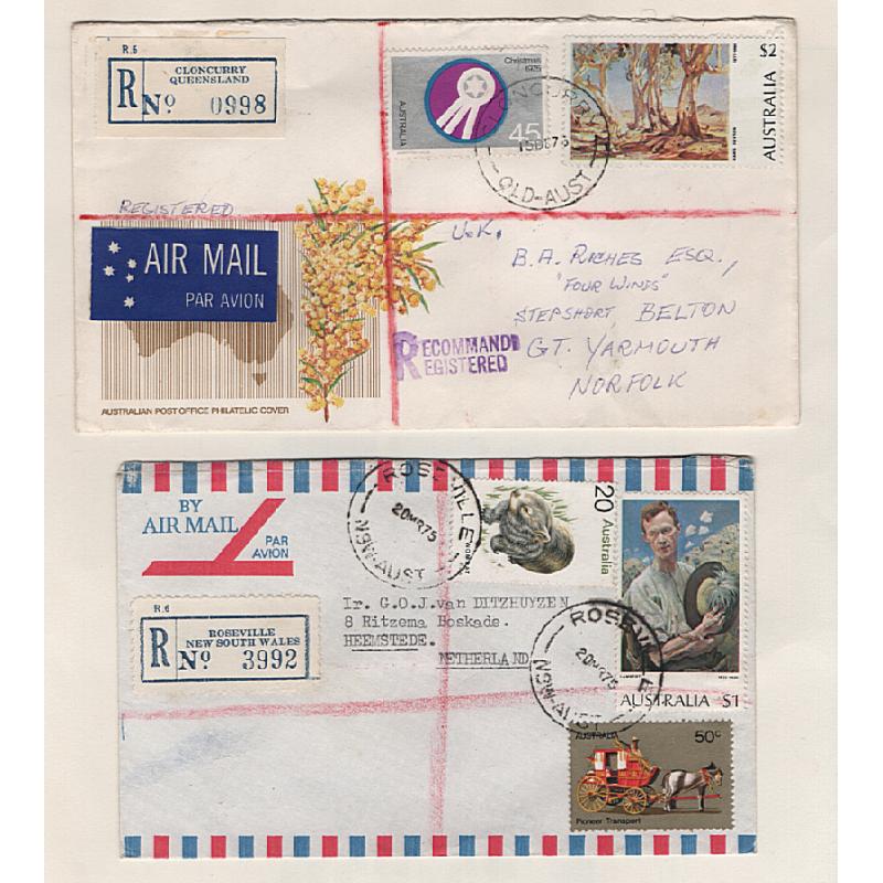 (GG15215) AUSTRALIA · 1974/80: five small registered air mail covers to overseas destinations · applicable rates made up mainly using various pictorial defins · excellent to fine throughout (2 images)