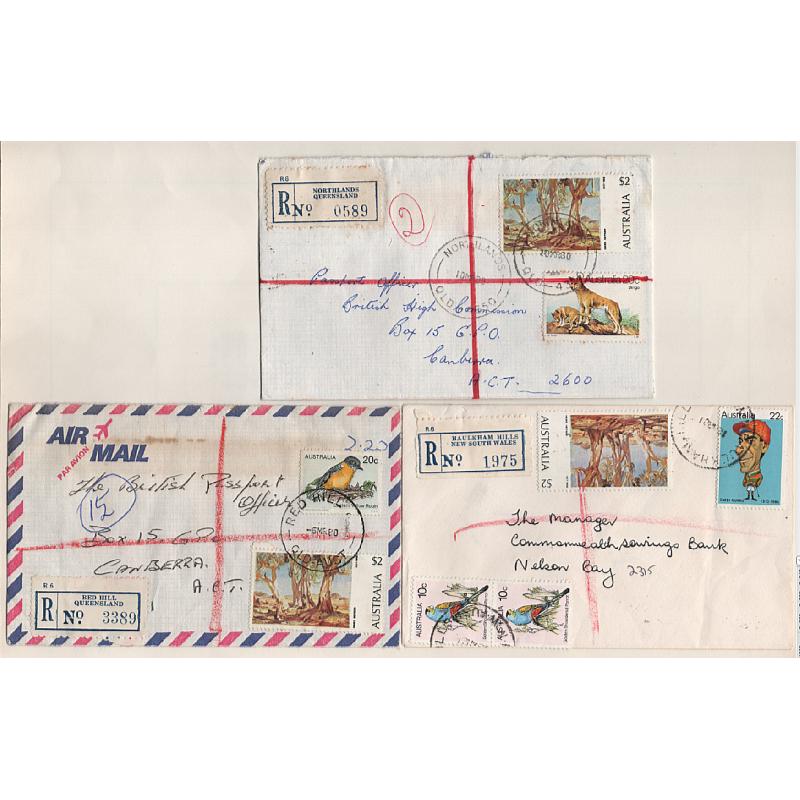(GG15216) AUSTRALIA · 1979/81: five small registered covers to domestic destinations · applicable rates made up mainly using various pictorial defins to $2 · some imperfections but all are quite displayable (2 images)