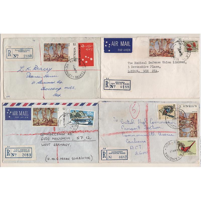 (GG15217) AUSTRALIA · 1975/81: ten small registered covers to domestic and overseas destinations · applicable rates made up mainly using mixed frankings including a $2 Painting  · some imperfections but all are quite displayable (3 images)