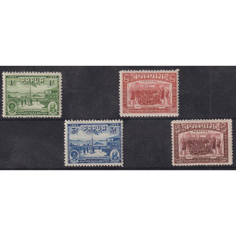 (GL1003) PAPUA · 1934: fresh MVLH 50th Anniv. of British Protectorate commems SG 146/149 · usual mixed centering · c.v. £18 (2 images)