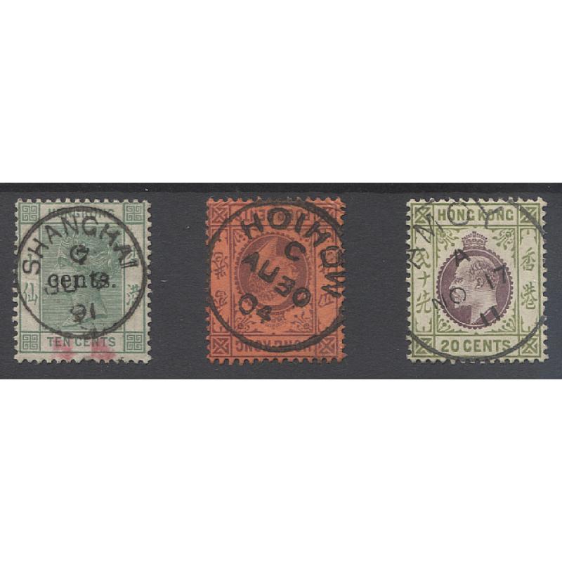 (GM10000) HONG KONG · 1890s/00s: QV and KEVII s/face issues to 20c each with a clear cds postmark applied at SHANGHAI, HOIHOW or AMOY · nice clear strikes · c.v. of stamps alone is £60 (3)