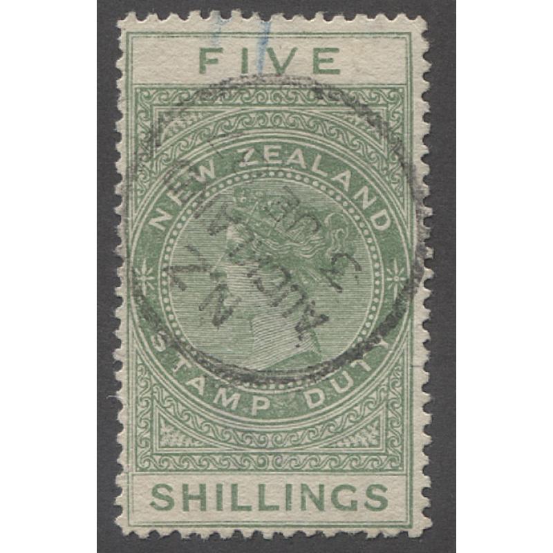 (GM10005) NEW ZEALAND · sound postally used 5/- yellow-green QV Long Stamp perf.12½ SG F26a · overall condition is excellent ....see largest image · c.v. £30 · $5 STARTER!!