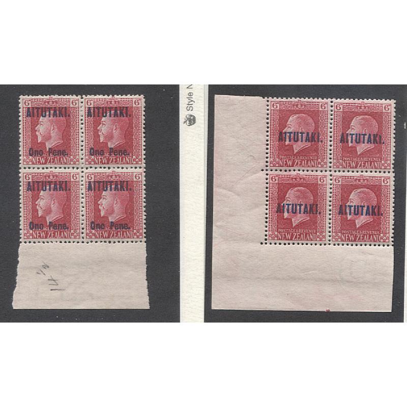 (GM10009) AITUTAKI · 1916/17: MNH/MLH marginal blocks of 4x 6d KGV defin SG 13a/17a both in F to VF condition front & back · total c.v. £49 (2 images)