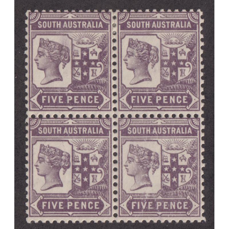 (GM1011) SOUTH AUSTRALIA · 1908: MLH/MNH block of 4x 5d brown-purple QV 'Tannenberg' (Crown/A wmk) SG 297 in fine condition · total c.v. £120 (2 images)