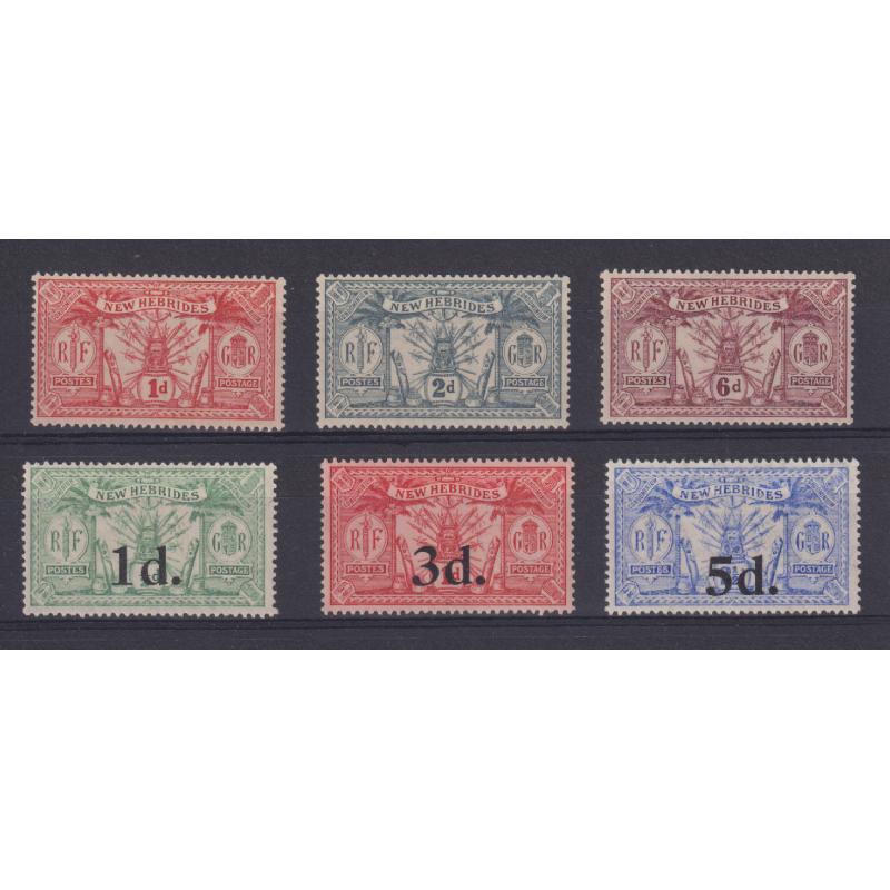 (GM1041) NEW HEBRIDES · 1921/24: mint Multi Scrip wmk pictorial defins SG 36/39 and surcharges SG 40/42 · usual lightly toned gum · overall fresh appearance · c.v. £36 (2 images)