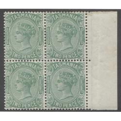 (GM1105) TASMANIA · 1878: fresh MVLH/MNH marginal block of 4x 2d green QV S/face SG 157a in fine condition · some perf separation at centre/top · total c.v. £44 (2 images)