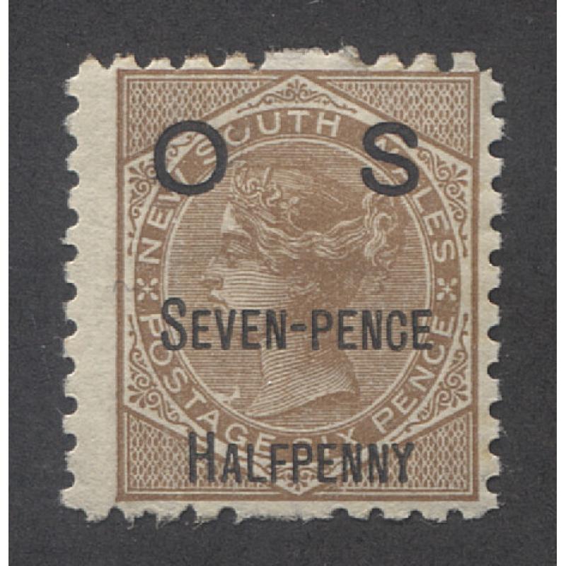 (GM1109) NEW SOUTH WALES · 1891: mint 7½d on 6d brown QV S/face perf.10 optd OS · excellent condition front/back · c.v. £55 (2 images)
