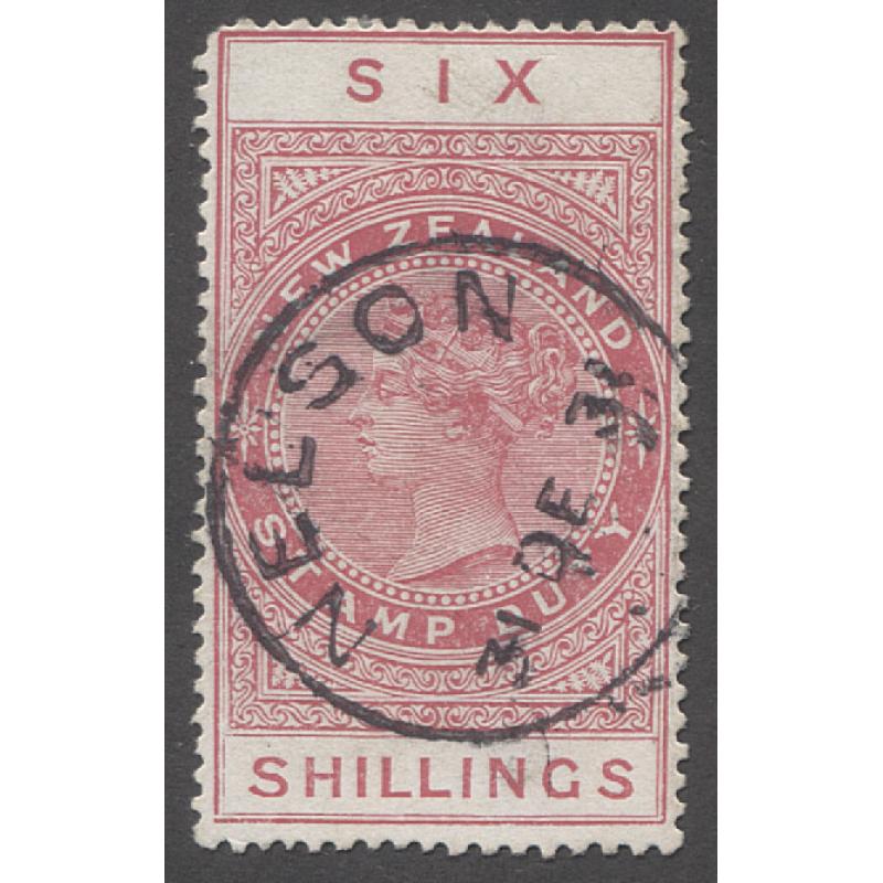 (GM1145) NEW ZEALAND · 1925/30: used 6/- rose QV Long Stamp perf.14½x14 SG F136 · slightly rounded UL corner o/wise in fine condition · c.v. £55