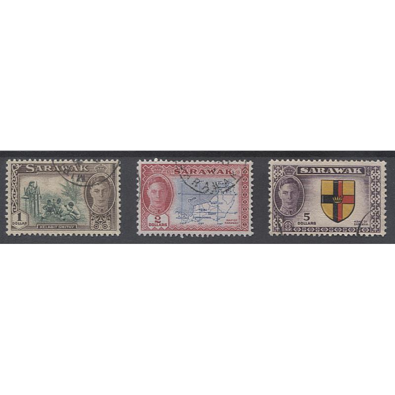 (GM1147) SARAWAK · 1950: finely used KGVI pictorial definitives $1, $2 & $5 values SG 183/85 · total c.v. £40+ (3)