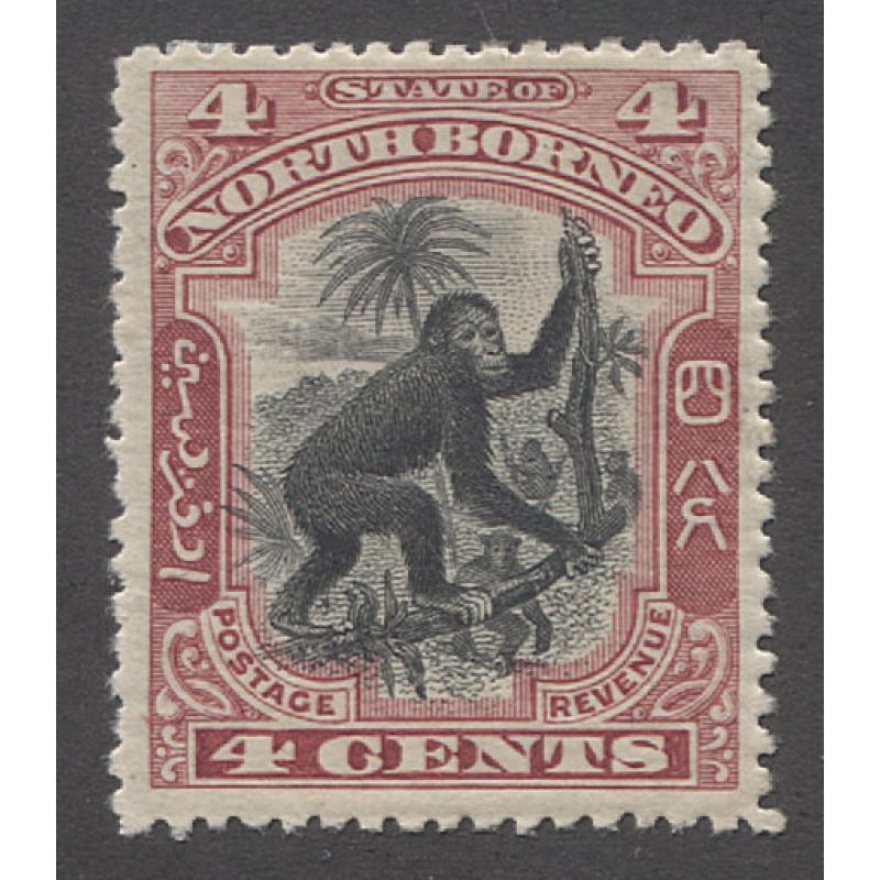 (GM1165) NORTH BORNEO · 1897: mint 4c carmine & black pictorial definitive SG99 · hinge remnant o/wise in excellent condition · c.v. £42 (2 images)