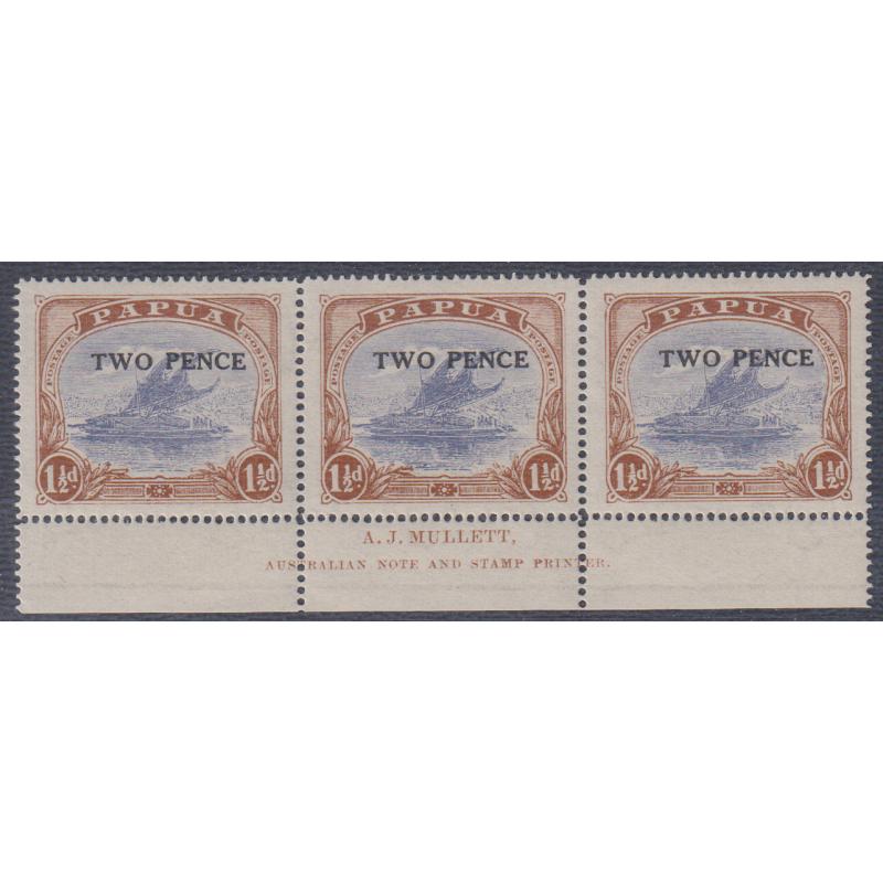 (GM1185) PAPUA · 1931: MVLH strip of 3x 1½d cobalt & light brown Lakatois with MULLETT imprint SG 121 in VF condition front and reverse (2 images)