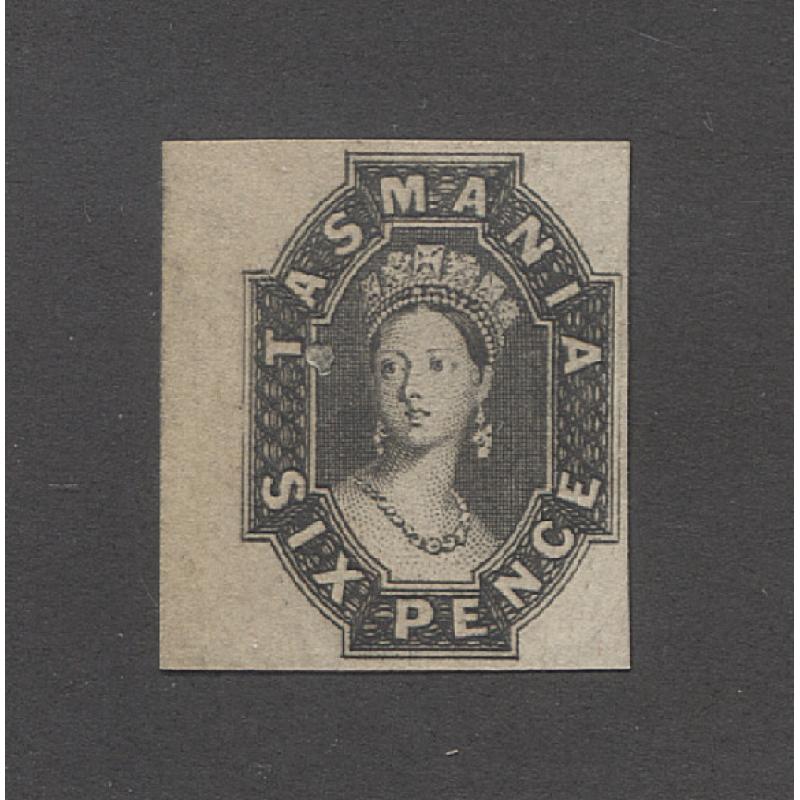(GN15011) TASMANIA · 1850s: imperf 6d QV Chalon Plate Proof single in black printed on ungummed wove paper · a couple of minor imperfections (see the full description) but overall condition makes this example very collectable