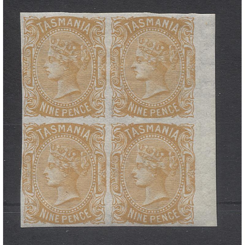 (GN15016) TASMANIA · 1870: imperf COLOUR TRIAL block of 4x 9d QV S/face printed in ochre on Crown/CC wmkd paper · VF condition front and back (2 images)