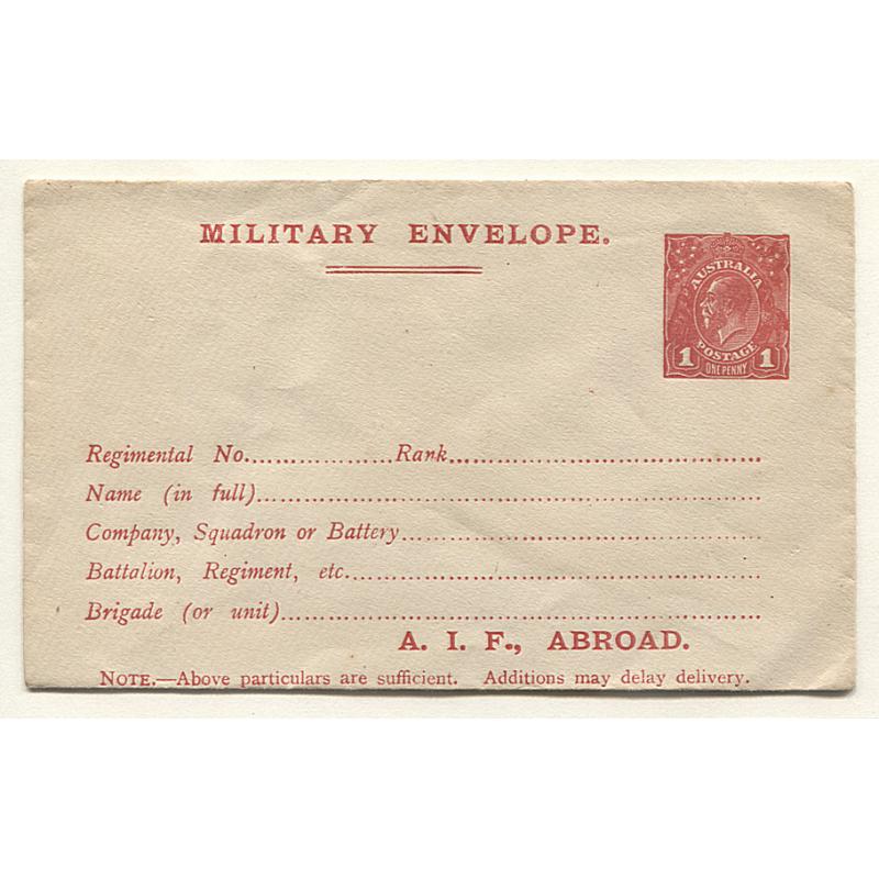 (GN15019) AUSTRALIA · 1916: unused 1d carmine KGV MILITARY ENVELOPE · Setting 2 on cream laid paper BW ME4 · overall condition is excellent · flap NOT stuck down · c.v. $300