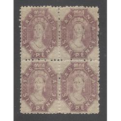 (GN15020) TASMANIA · 1891: mint block of 4x 6d claret QV Chalons perf.12 SG 143 · some hinge remnants and minor separation at centre/top however overall condition is excellent · total c.v. £200 (2 images)