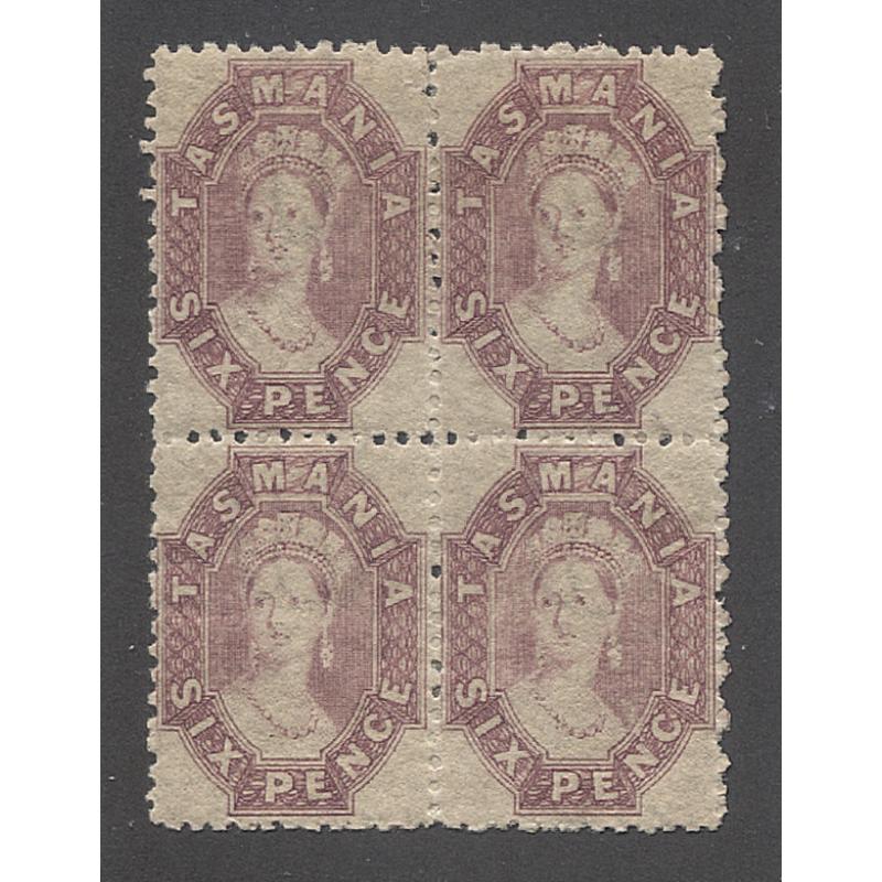 (GN15020) TASMANIA · 1891: mint block of 4x 6d claret QV Chalons perf.12 SG 143 · some hinge remnants and minor separation at centre/top however overall condition is excellent · total c.v. £200 (2 images)