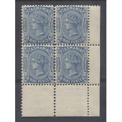 (GN15023) TASMANIA · 1909: MNH block of 4x 9d blue QV S/face with compound perforations (see full description) SG 256b · total c.v. £440 (2 images)