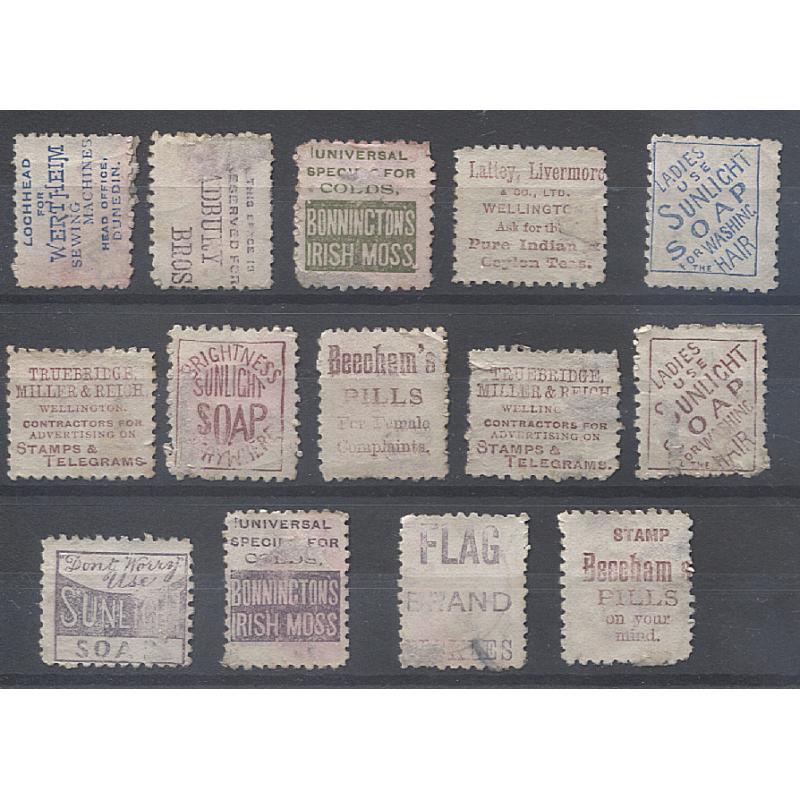 (GN15025) NEW ZEALAND · 1891/95: assembly of 14x used Die 3 1d rose QV S/face issues with ADVERTISING · mostly 2nd & 3rd settings · condition is very mixed so please view both largest images · total c.v. £100+ (2 images)