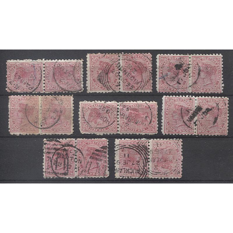 (GN15026) NEW ZEALAND · 1891/95: assembly of used 1d rose QV S/face issues with ADVERTISING in eight pairs · condition is mixed so please view both largest images · total c.v. £100+ (2 images)