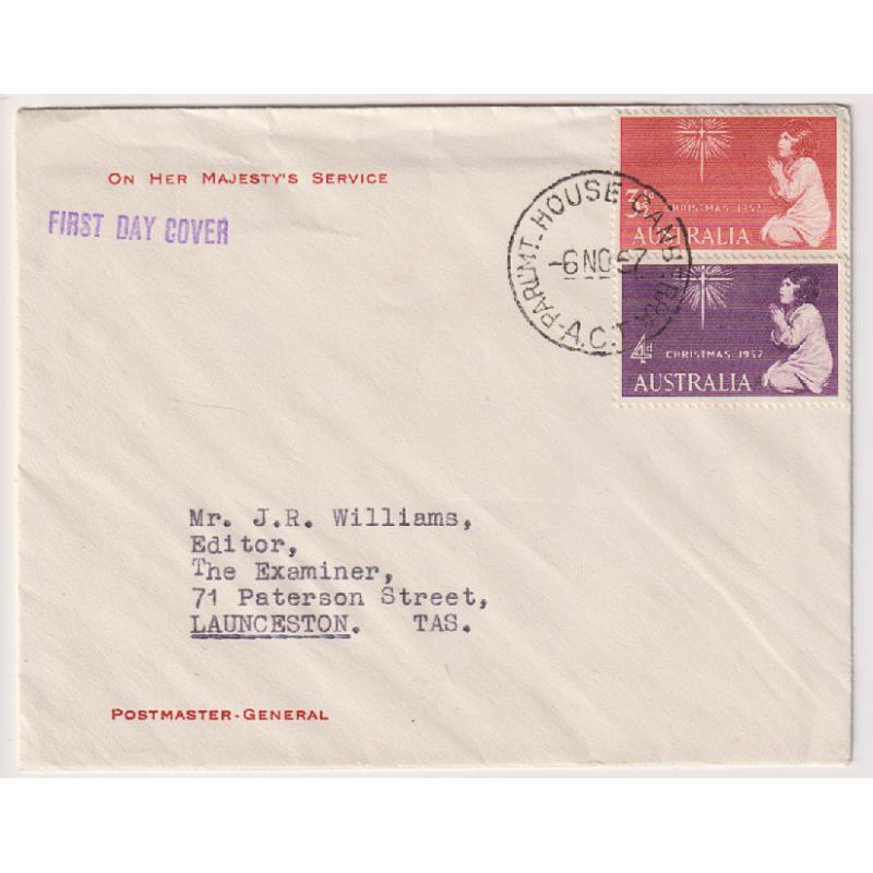 (HN1001) AUSTRALIA · 1957 (Nov 6th): "Postmaster-General" FDC bearing the Christmas 1956 commemorative duo · addressed to the editor of The Examiner, Launceston · see full description