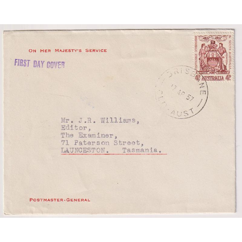 (HN1003) AUSTRALIA · 1957 (April 17th): "Postmaster-General" FDC bearing the 4d Responsible Government Centenary commemorative · addressed to the editor of The Examiner, Launceston · fine condition