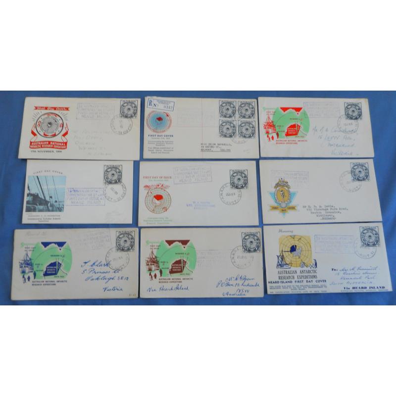 (HN1033) AUSTRALIA · AAT  1955:  9 different FDCs (cachets or colour) mailed from HEARD ISLAND on the fdi of the 3½d ANARE commemorative · includes one registered item and some scarcer covers · excellent to fine condition throughout (9)