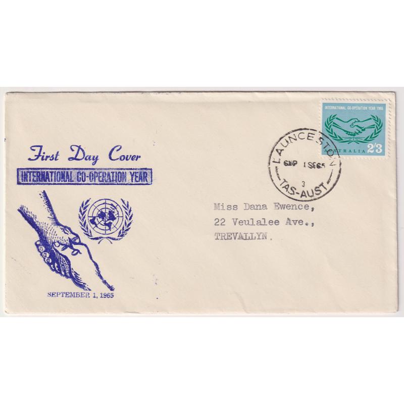 (HN1034) AUSTRALIA · 1965 (September 1st): 2/3d ICY commemorative on a cacheted FDC produced by Max Easther of Launceston · only a small quantity was produced for issue during the 1950s/60s era  · fine condition