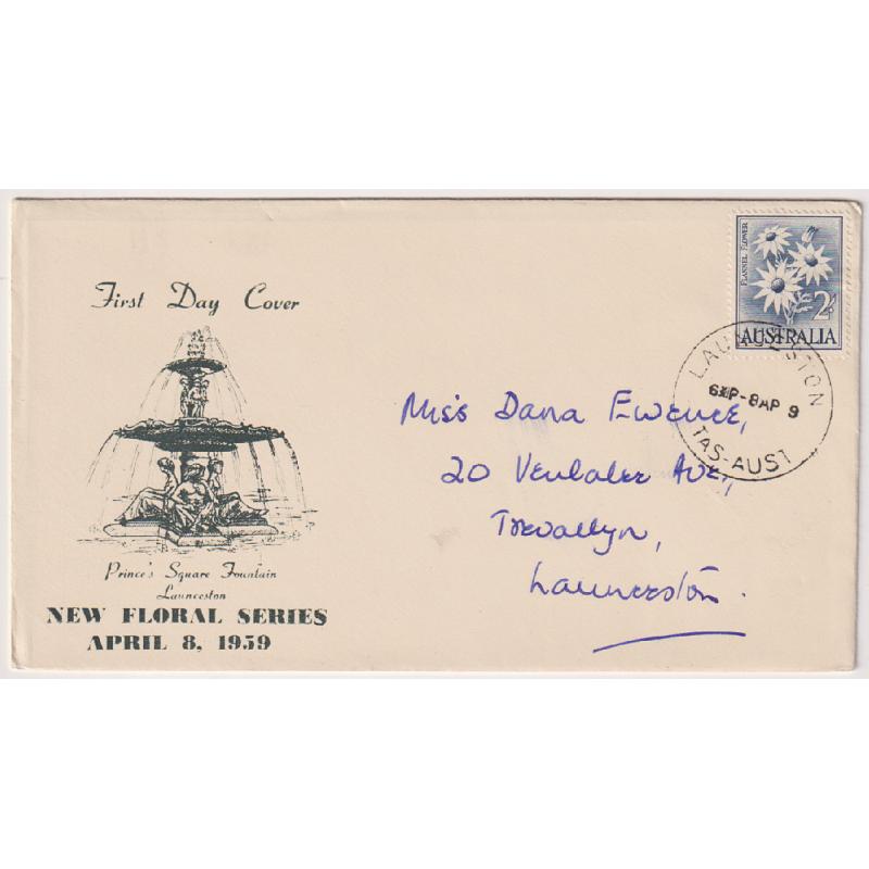 (HN1038) AUSTRALIA · 1959 (April 8th): 2/- Flannel Flower definitive on a cacheted FDC produced by Max Easther of Launceston · only a small quantity was produced for various issues during the 1950s/60s era  · fine condition