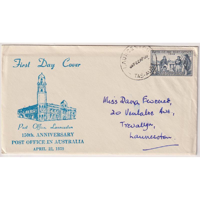 (HN1039) AUSTRALIA · 1959 (April 22nd):5g Post Office Sesquicentenary commemorative on a cacheted FDC produced by Max Easther of Launceston · only a small quantity was produced for various issues during the 1950s/60s era  · some v.minor peripheral wear