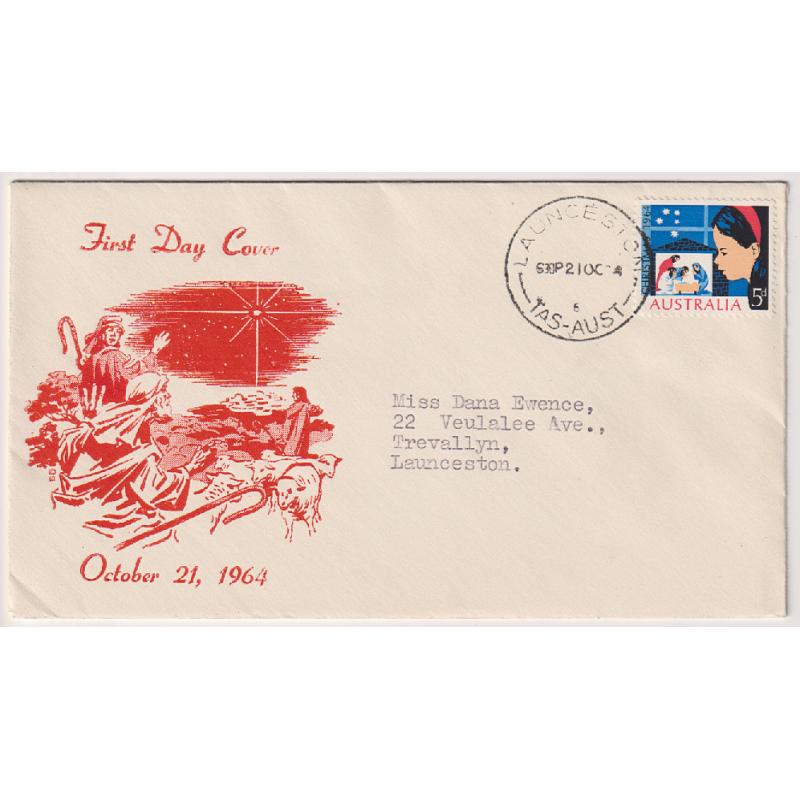 (HN1040) AUSTRALIA · 1964 (April 22nd): 5d Christmas commemorative on a cacheted FDC produced by Max Easther of Launceston · only a small quantity was produced for various issues during the 1950s/60s era  · fine condition