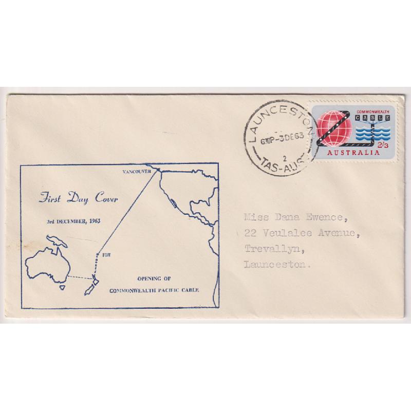 (HN1034) AUSTRALIA · 1963 (December 3rd): 2/3d Commonwealth Cable commemorative on a cacheted FDC produced by Max Easther of Launceston · only a small quantity was produced for issue during the 1950s/60s era  · fine condition