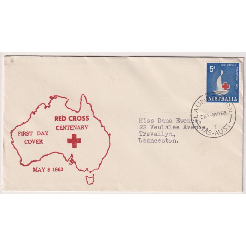 (HN1042) AUSTRALIA · 1963 (May 8th): 5d Red Cross Centenary commemorative on a cacheted FDC produced by Max Easther of Launceston · only a small quantity was produced for various issues during the 1950s/60s era  · fine condition