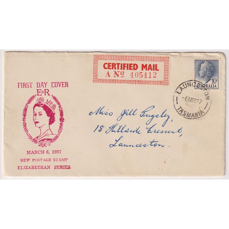 (HN1043) AUSTRALIA · 1957 (March 6th): 10d QEII definitive on a cacheted FDC produced by Max Easther of Launceston · only a small quantity was produced for various issues during the 1950s/60s era  · some minor imperfections