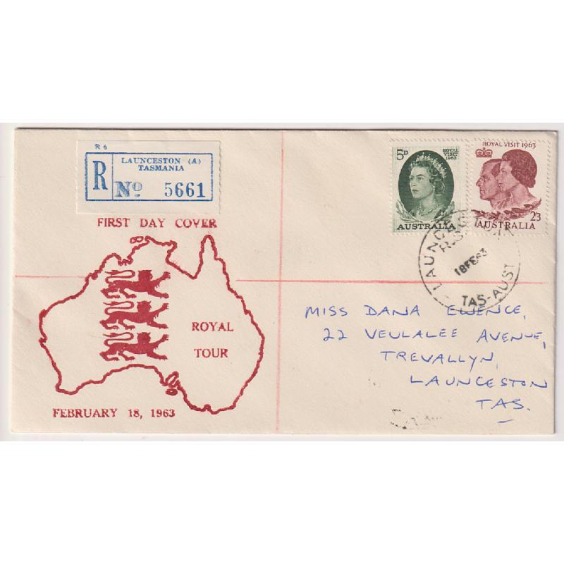 (HN1044) AUSTRALIA · 1963 (Feb 18th): Royal Visit commemorative duo on a cacheted FDC produced by Max Easther of Launceston · only a small quantity was produced for issue during the 1950s/60s era  · v.nice condition