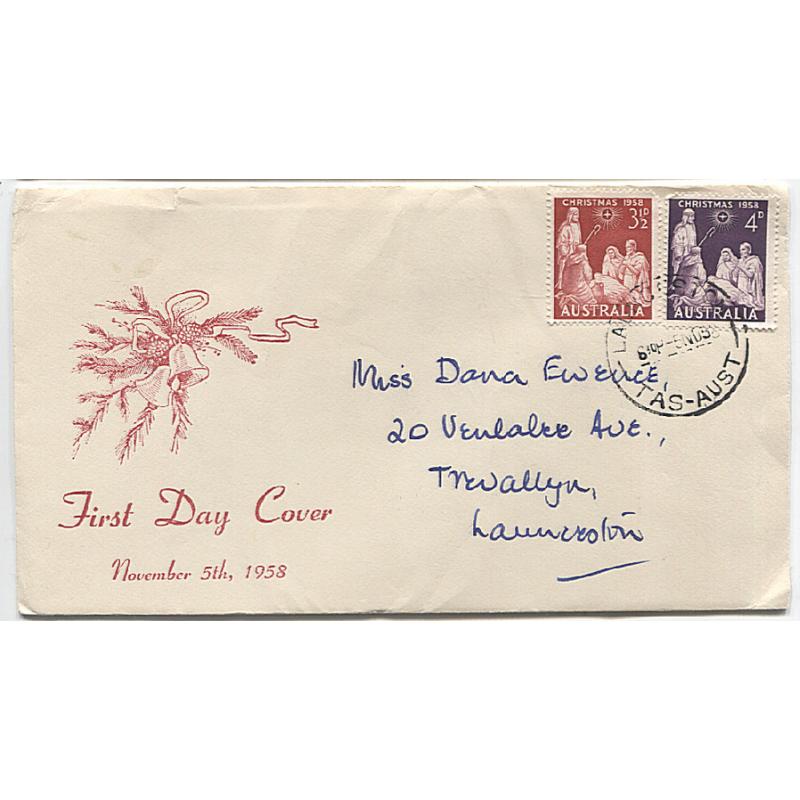 (HN15000) AUSTRALIA · 1958 (Nov 5th): Christmas commemorative duo on a cacheted FDC produced by Max Easther of Launceston · only a small quantity was produced for various issues during the 1950s/60s era  · some light peripheral wear
