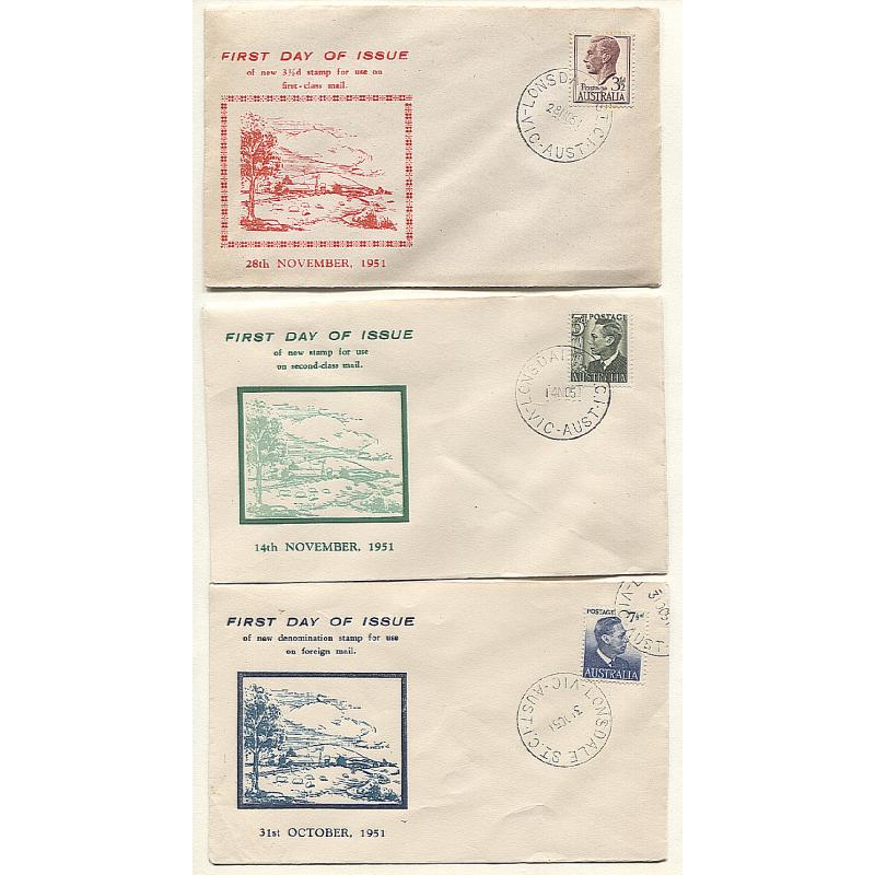 (HN15008) AUSTRALIA · 1951: 3 different unaddressed FDCs by HASLEM for 3d, 3½d & 7½d KGVI definitive issues · 3½d value has some v.light peripheral toning o/wise condition is fine (3)