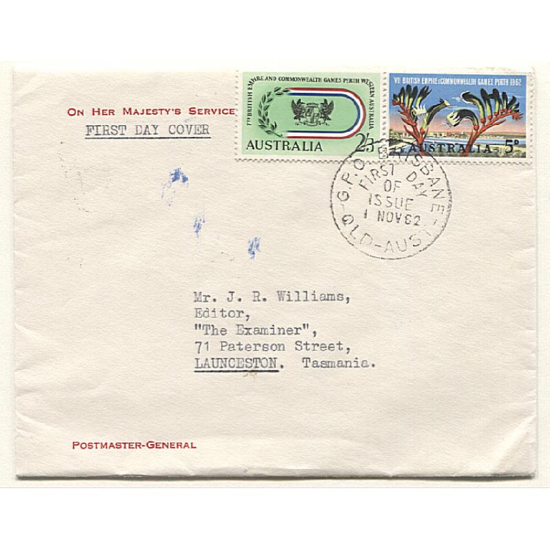 (HN15011) AUSTRALIA · 1962 (Noc 1st): "Postmaster-General" FDC bearing Perth Commonwealth Games duo · addressed to the editor of The Examiner, Launceston · some small ink marks o/wise in nice condition