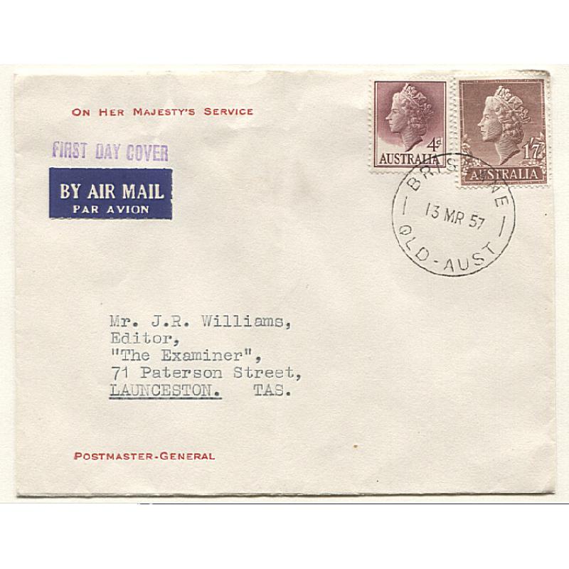 (HN15012) AUSTRALIA · 1957 (March 13th): "Postmaster-General" FDC bearing 4d & 1/7d QEII definitives · addressed to the editor of The Examiner, Launceston · vertical bend o/wise in excellent condition