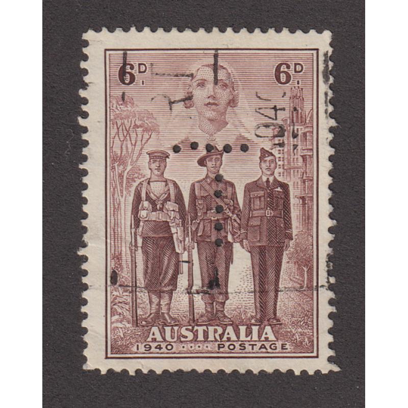 (HY1029) TASMANIA · 1940: lightly used 6d brown-purple A.I.F. commemorative SG 199 perf T (5x5 holes) · one of the scarcer stamps with this official perfin in my experience