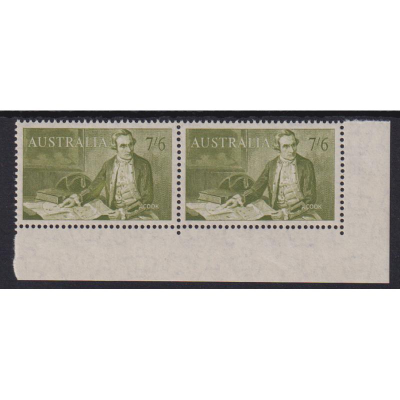 (HY1033) AUSTRALIA · 1964: very fresh MNH corner pair of the 7/6d olive Cook SG 357 · VF condition (2)