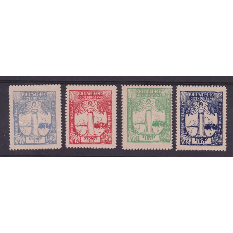 (HY1034) AUSTRALIA · 1911: "set" of 4x MNG Sydney Philatelic Congress & Exhibition promotional stamps with reasonable centering (for these) and quite blemish-free (unusual) · clean hinge remnants o/wise in excellent to fine condition (4)