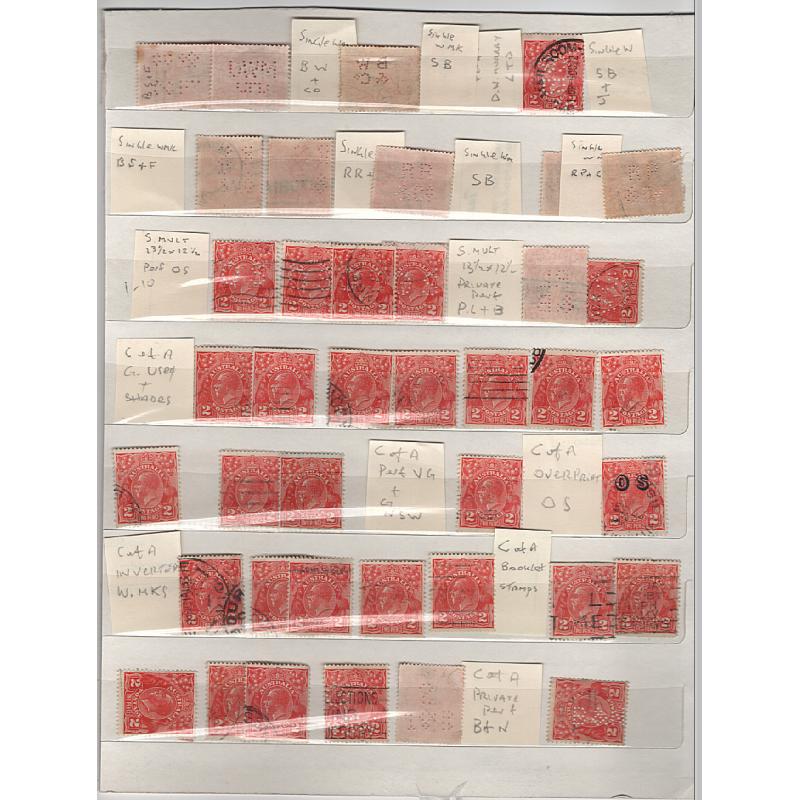 (HY1500L) AUSTRALIA · double-sided stocksheet housing an accumulation of used 2d red KGV defins sorted for shades, varieties, perfins (private & official), inverted watermarks, etc. · mixed condition · 75 stamps (2 images)
