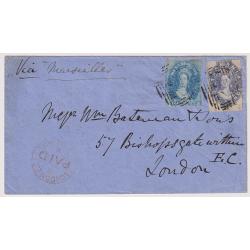 (JB1000) TASMANIA · 1869: attractive cover forwarded to London "Via Marseilles" with 3 mgn imperf 4d & 6d QV Chalons making up the applicable 10d rate · see full description · ex Dr. O.G. Ingles Collection (2 images)
