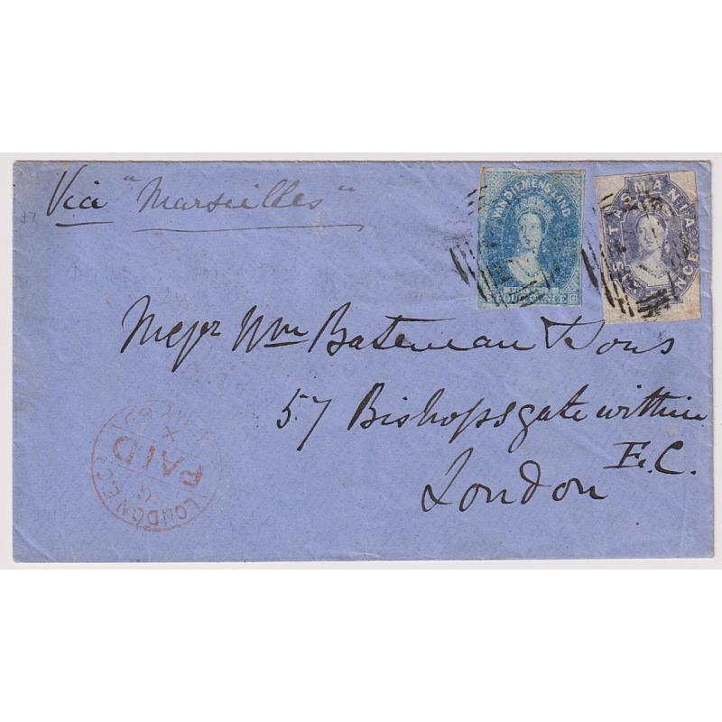 (JB1000) TASMANIA · 1869: attractive cover forwarded to London "Via Marseilles" with 3 mgn imperf 4d & 6d QV Chalons making up the applicable 10d rate · see full description · ex Dr. O.G. Ingles Collection (2 images)