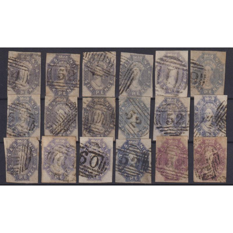 (JB1004) TASMANIA · 1860/67: useful selection of postally used imperf 6d QV Chalons in a range of shades · condition as per largest image · many 4 margin examples · total c.v. approx. £1400 (18)